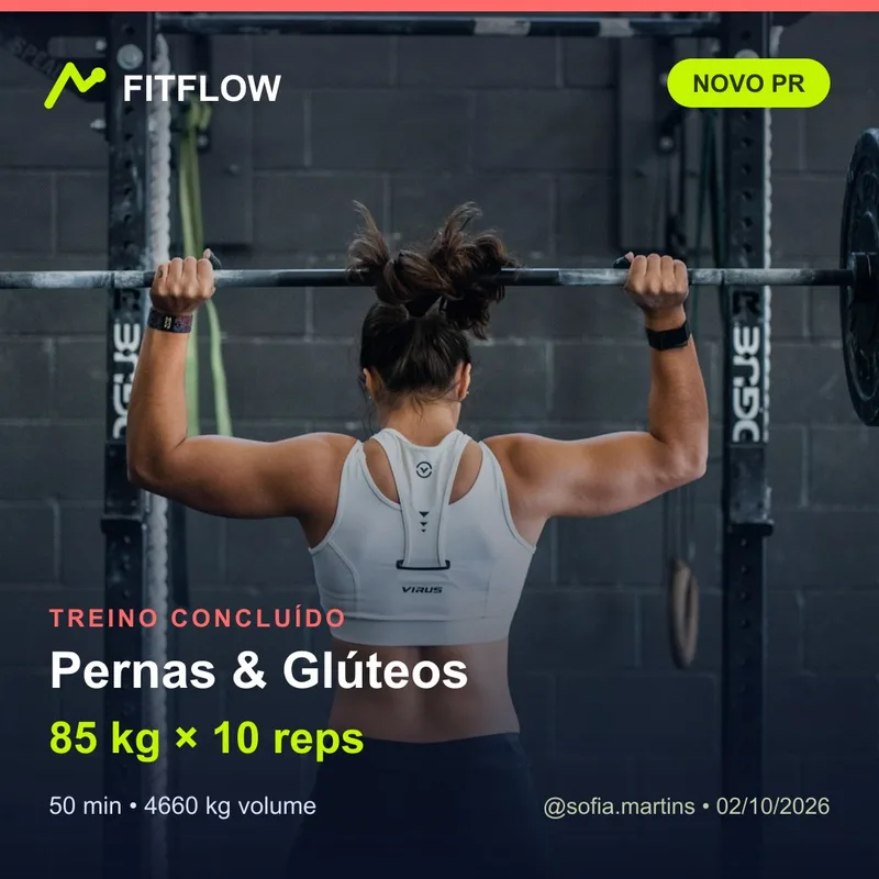 Flyer de um treino concluído: fotografia de uma atleta de costas com a barra nos ombros, com o nome do treino, a carga, a duração e o selo de novo recorde pessoal